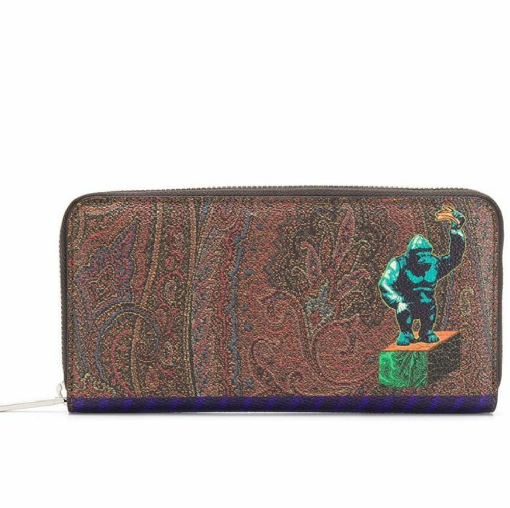 $650 Etro Paisley Gorilla Print Zip Around Continental Long Wallet Made In Italy